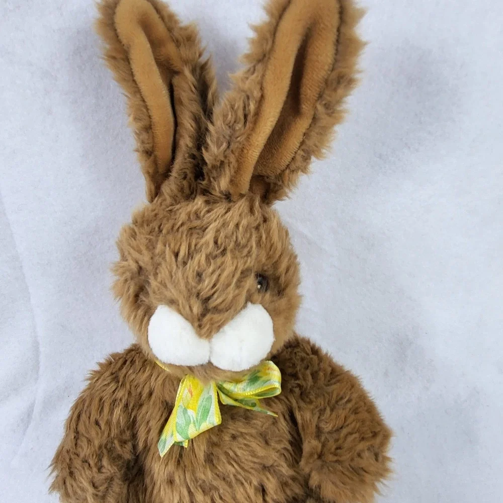 VTG GUND Brown Bunny Rabbit w/ Yellow Bow Fluffy Easter Spring Stuffed Plush Toy